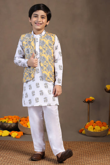 Boys White Cotton Blend Floral Printed Straight Kurta And Jacket With Payjama Set