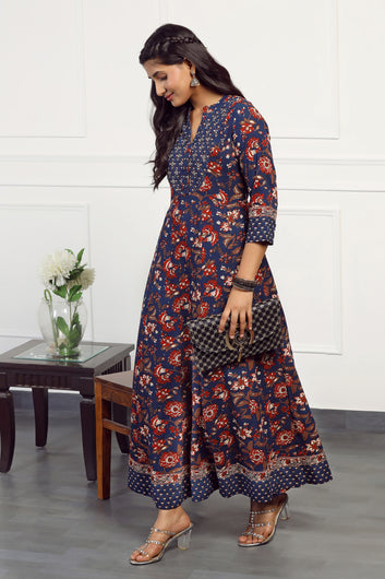 Womens Navy Blue Cotton Floral Printed Anarkali Maxi Length Kurta