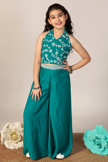 Girl's Teal Silk Blend Embroidered Crop Top and Palazzo Set