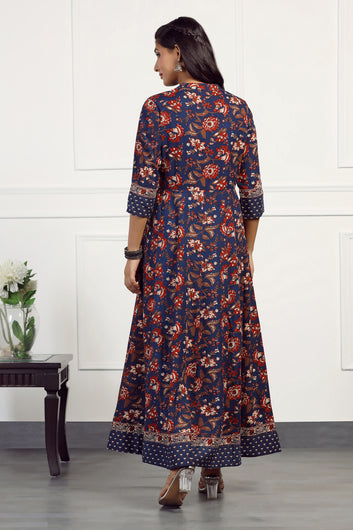 Womens Navy Blue Cotton Floral Printed Anarkali Maxi Length Kurta