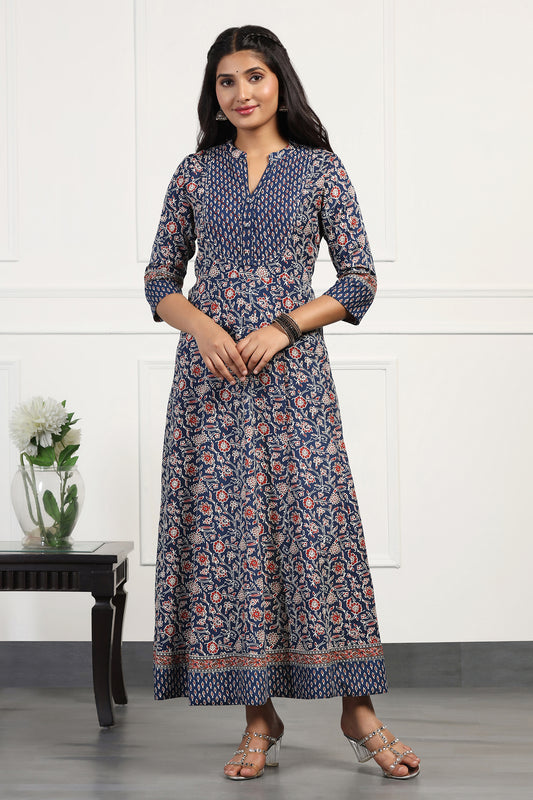 Womens Blue Cotton Floral Printed Anarkali Maxi Length Kurta