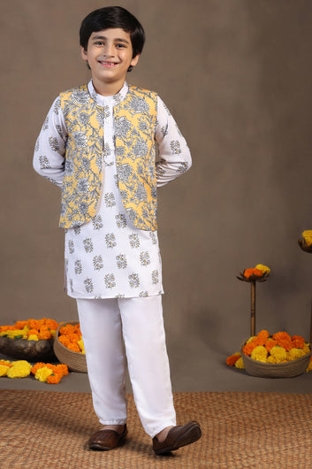 Boys White Cotton Blend Floral Printed Straight Kurta And Jacket With Payjama Set