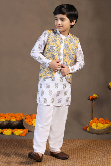 Boys White Cotton Blend Floral Printed Straight Kurta And Jacket With Payjama Set