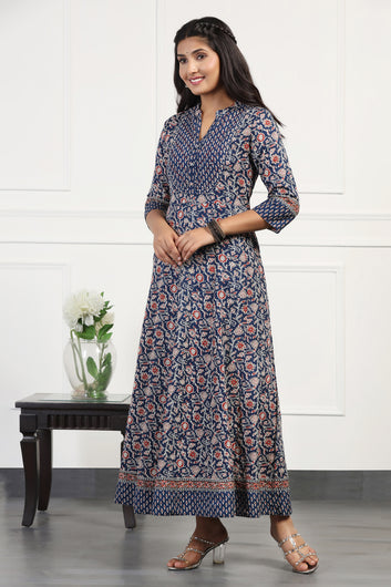 Womens Blue Cotton Floral Printed Anarkali Maxi Length Kurta