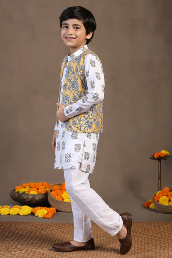 Boys White Cotton Blend Floral Printed Straight Kurta And Jacket With Payjama Set