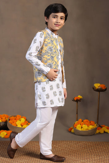 Boys White Cotton Blend Floral Printed Straight Kurta And Jacket With Payjama Set