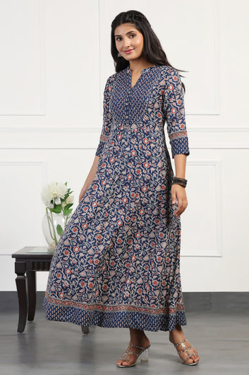 Womens Blue Cotton Floral Printed Anarkali Maxi Length Kurta