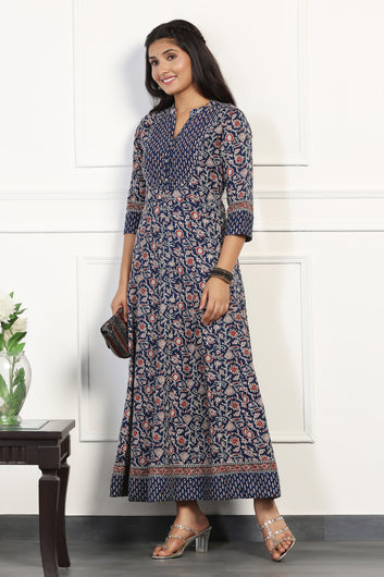 Womens Blue Cotton Floral Printed Anarkali Maxi Length Kurta