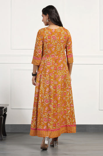 Womens Mustard Yellow Cotton Floral Printed Anarkali Maxi Length Kurta