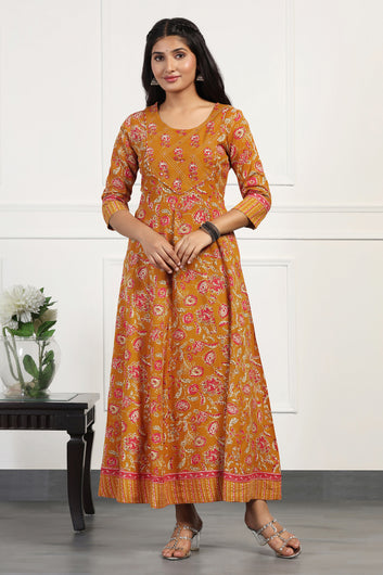 Womens Mustard Yellow Cotton Floral Printed Anarkali Maxi Length Kurta