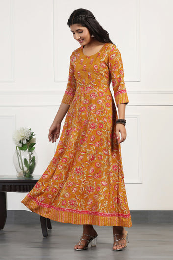 Womens Mustard Yellow Cotton Floral Printed Anarkali Maxi Length Kurta