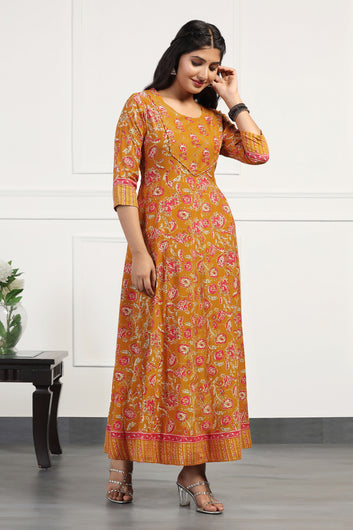 Womens Mustard Yellow Cotton Floral Printed Anarkali Maxi Length Kurta