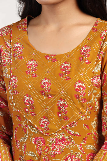 Womens Mustard Yellow Cotton Floral Printed Anarkali Maxi Length Kurta