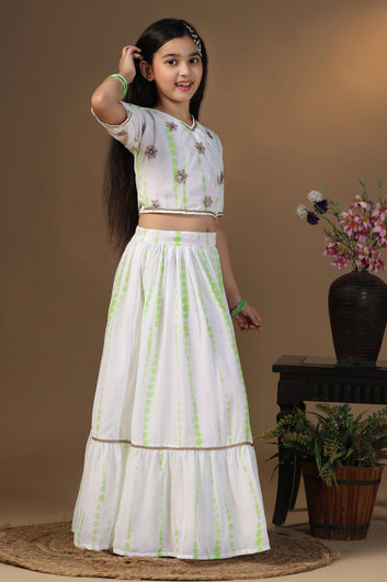 Girls Parrot Green Georgette Printed Readymade Lehenga With Choli Set