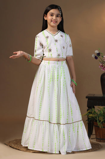 Girls Parrot Green Georgette Printed Readymade Lehenga With Choli Set