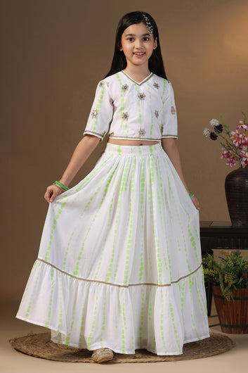 Girls Parrot Green Georgette Printed Readymade Lehenga With Choli Set