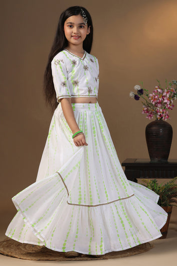 Girls Parrot Green Georgette Printed Readymade Lehenga With Choli Set