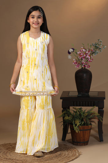 Girls Light Yellow Georgette Printed Straight Kurta With Sharara Set