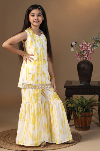 Girls Light Yellow Georgette Printed Straight Kurta With Sharara Set