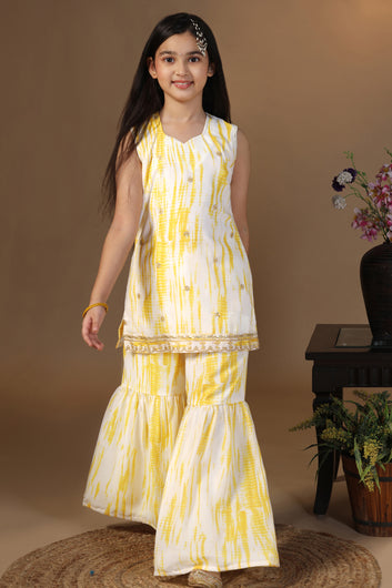 Girls Light Yellow Georgette Printed Straight Kurta With Sharara Set