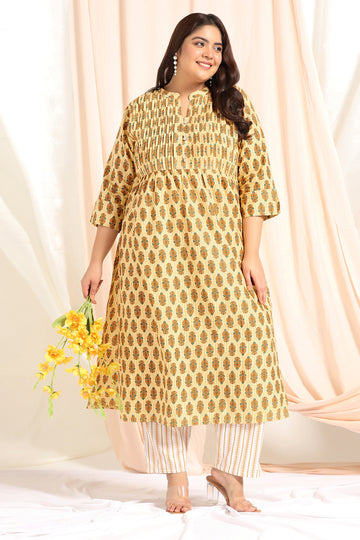 Women's Plus Size Yellow Cotton Floral Printed Kurta Pant Set
