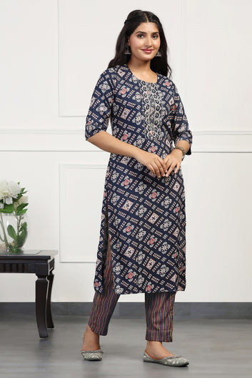 Womens Rama Cotton All-Over Printed Calf Length Kurta With Pant Set