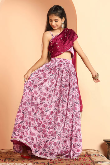 Girls Pink Chinon Printed Lehenga Choli With Attached Dupatta