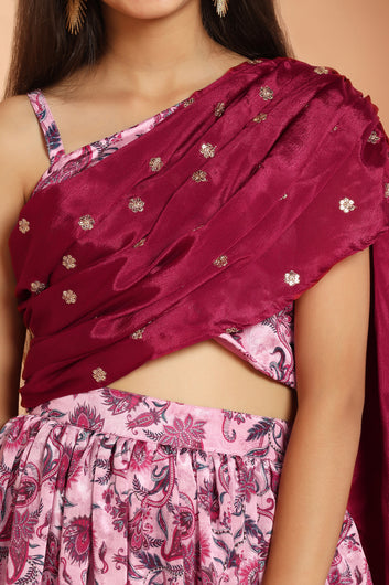 Girls Pink Chinon Printed Lehenga Choli With Attached Dupatta