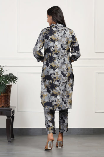 Womens Dark Blue Cotton All-Over Printed Calf Length Kurta With Pant Set