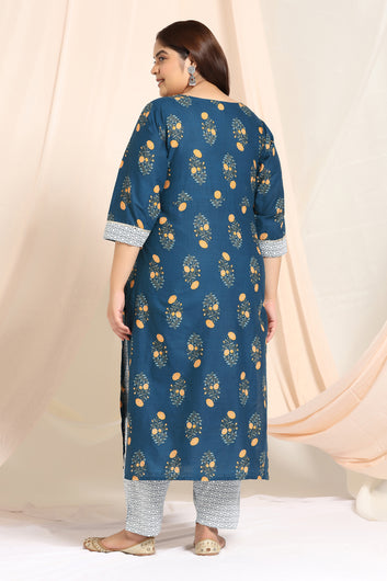 Women's Plus Size Blue Cotton Floral Printed Kurta Pant Set