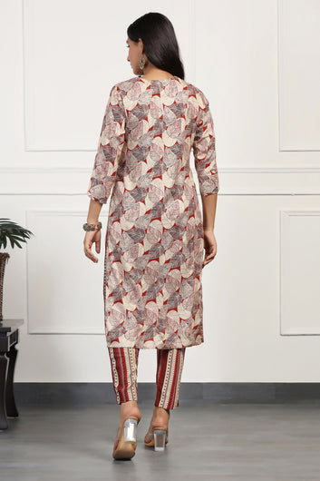 Womens Maroon Cotton Floral Printed Calf Length Kurta With Pant Set