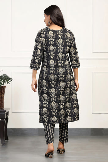 Womens Black Cotton All-Over Printed Calf Length Kurta And Pant With Dupatta Set