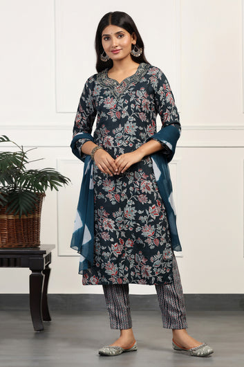 Womens Rama Cotton All-Over Printed Calf Length Kurta And Pant With Dupatta Set