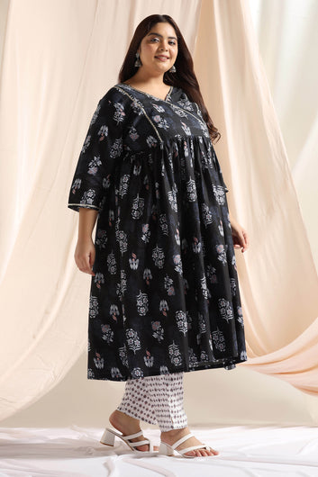 Women's Plus Size Black Cotton Floral Printed Kurta Pant Set