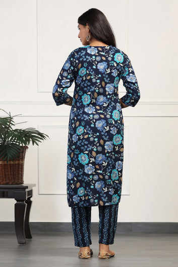Womens Blue Cotton All-Over Printed Calf Length Kurta With Pant Set