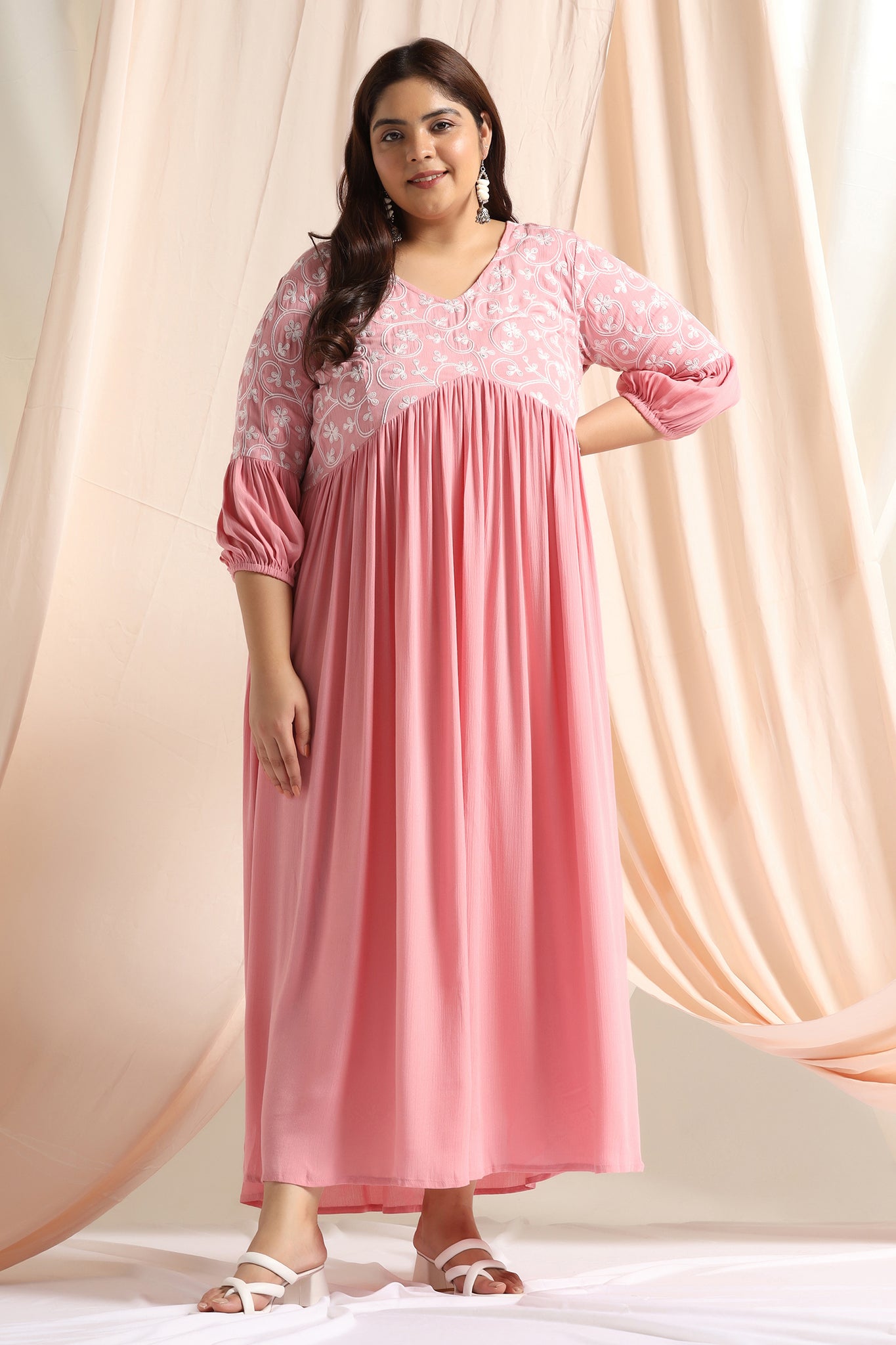 Womens Plus Size Pink Rayon Embroidered Empire Dress