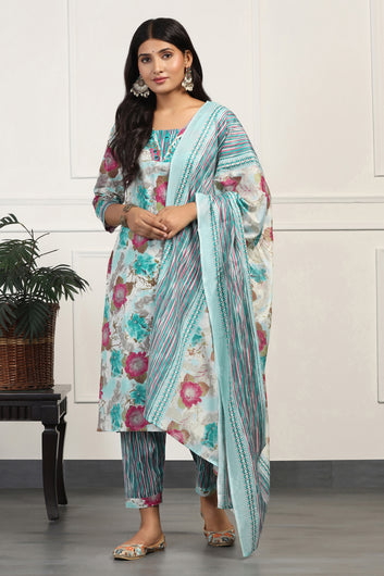 Womens Sea Green Cotton All-Over Printed Calf Length Kurta And Pant With Dupatta Set