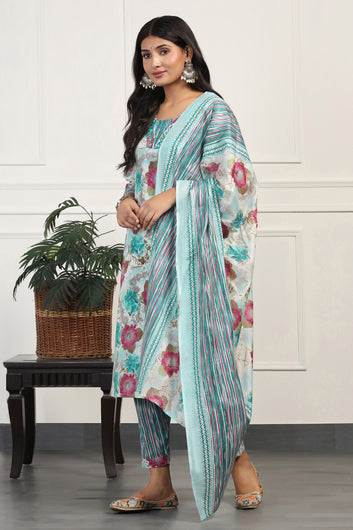 Womens Sea Green Cotton All-Over Printed Calf Length Kurta And Pant With Dupatta Set