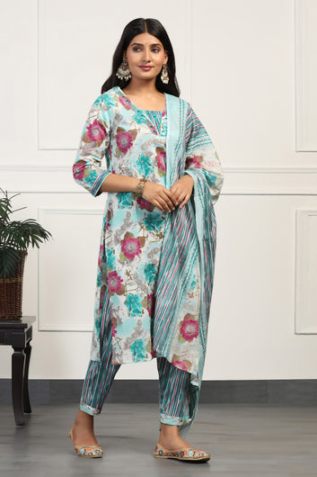 Womens Sea Green Cotton All-Over Printed Calf Length Kurta And Pant With Dupatta Set