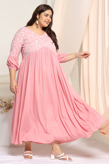 Womens Plus Size Pink Rayon Embroidered Empire Dress