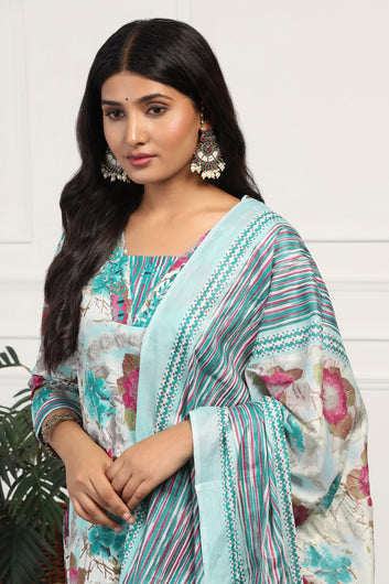 Womens Sea Green Cotton All-Over Printed Calf Length Kurta And Pant With Dupatta Set