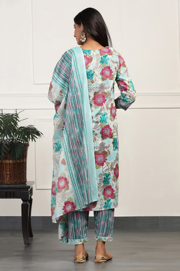 Womens Sea Green Cotton All-Over Printed Calf Length Kurta And Pant With Dupatta Set