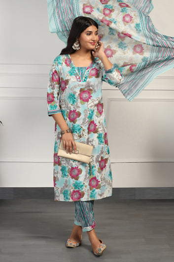 Womens Sea Green Cotton All-Over Printed Calf Length Kurta And Pant With Dupatta Set