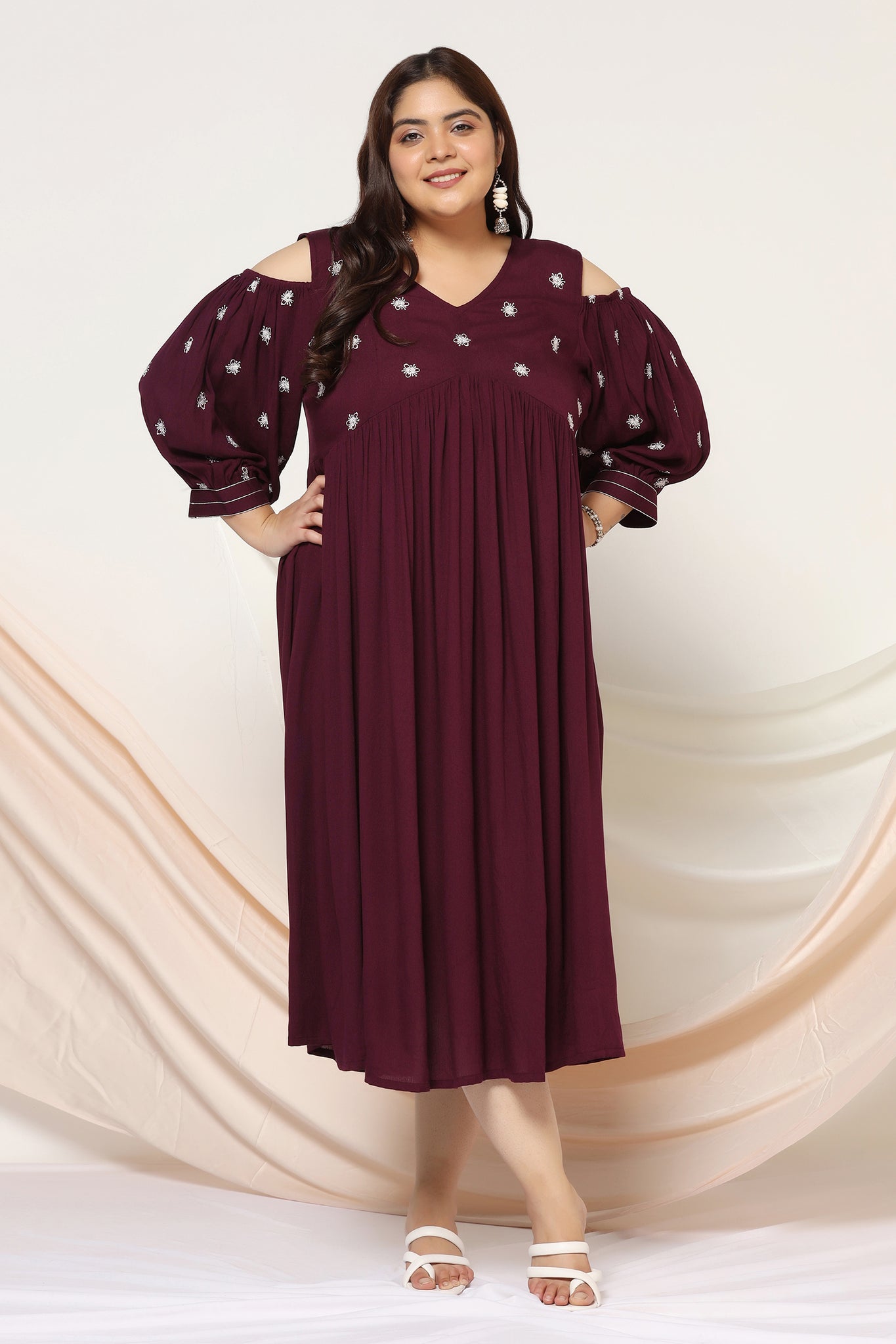 Womens Plus Size Wine Rayon Embroidered Empire Dress
