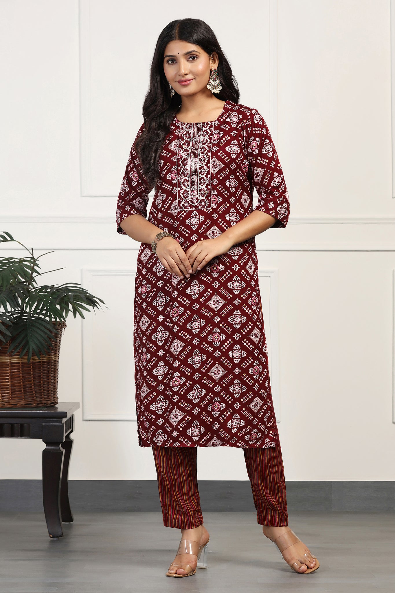 Womens Maroon Cotton All-Over Printed Calf Length Kurta With Pant Set