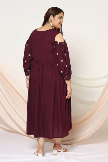 Womens Plus Size Wine Rayon Embroidered Empire Dress