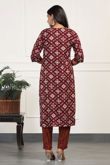 Womens Maroon Cotton All-Over Printed Calf Length Kurta With Pant Set