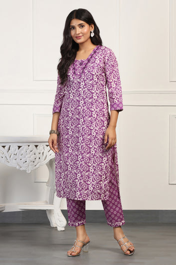 Womens Purple Cotton All-Over Printed Calf Length Kurta And Pant With Dupatta Set