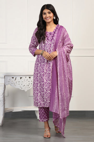 Womens Purple Cotton All-Over Printed Calf Length Kurta And Pant With Dupatta Set