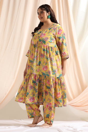 Women’s Plus Size Mustard Floral Printed Tiered Kurta With Pant Set